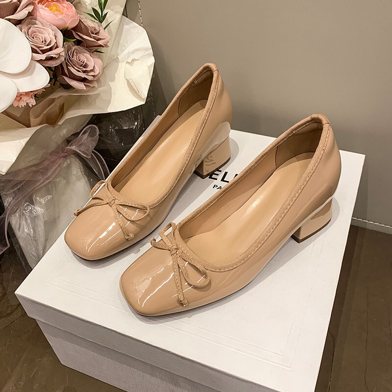 Soft Leather! 4cm Height-Increasing High-Heeled Shoes with Square Toe and Bowknot, Shallow Mouth Single Shoes for Women, Comfortable Slip-On Ballet Shoes. Soft Leather! 4cm Height-Increasing High-Heeled Shoes with Square Toe and Bowknot, Shallow Mouth Single Shoes for Women, Comfortable Slip-On Ballet Shoes.