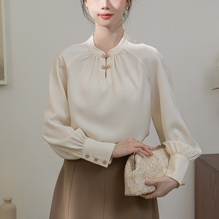 Real shot new Chinese style apricot shirt women's long sleeve beautiful retro Republic of China style horse face skirt top matching