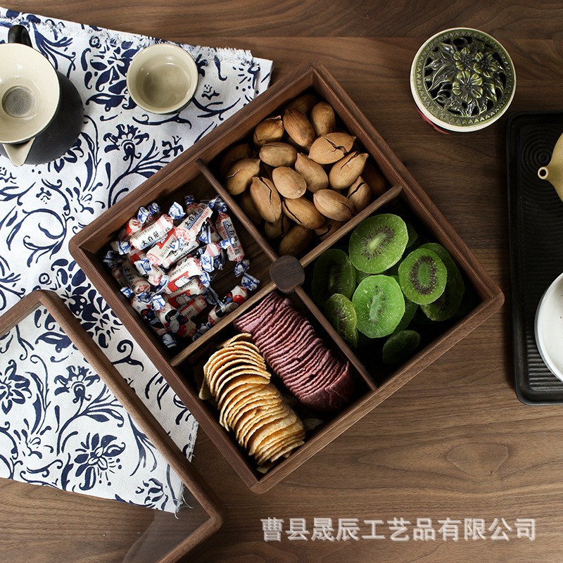 Vintage Nogal Negro caja de frutos secos cubierta de acrílico compartimiento snack caja de madera maciza caramelo melón semillas caja de tuerca