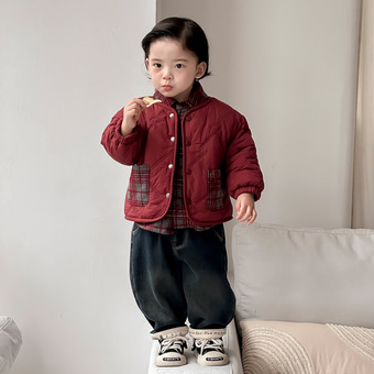 点兮冬季新款婴幼儿绗棉加绒假两件外套套装男宝宝拼接保暖两件套