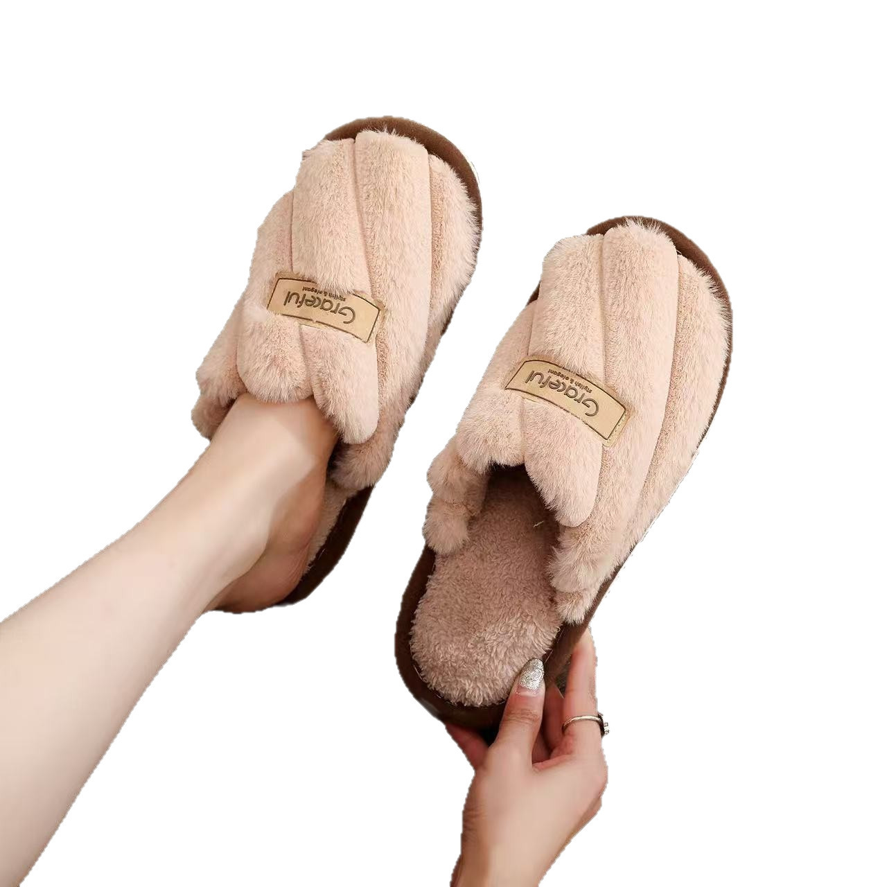 Baotou transfronterizo damas otoño y invierno interior y exterior calentamiento de tela de peluche zapatillas de algodón zapatillas para el hogar de suela suave