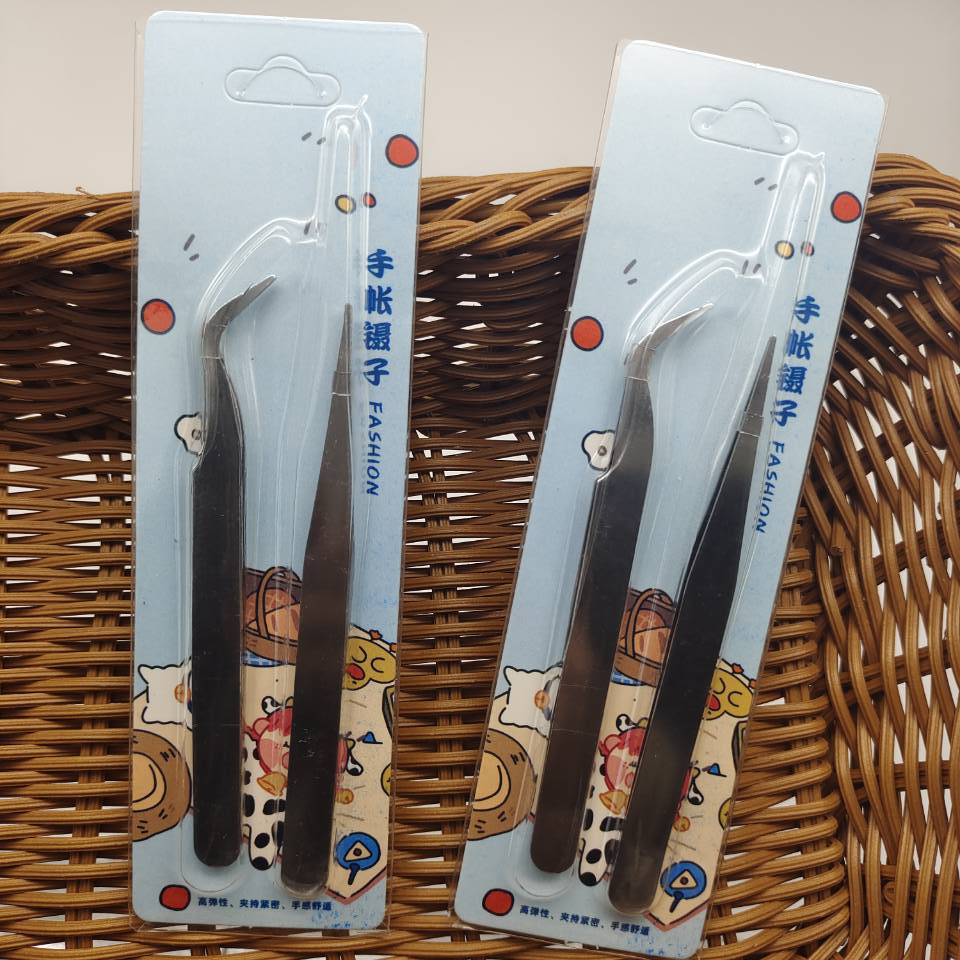 卡装2个银色镊子功夫茶镊子茶具配件不锈钢直头茶叶夹子弯头茶夹