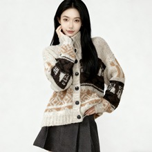 复古原创撞色花纹高领毛衣外套女秋冬季节女装慵懒风休闲针织开衫