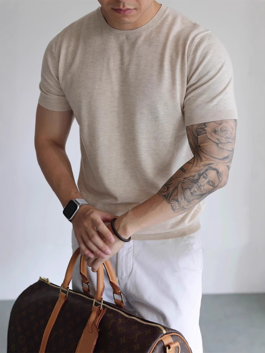 アメリカンスモールネックラインニットアイスシルクTシャツメンズクールスリムフィットワークウェア半袖スウェットシャツビジネス通勤ボトリングシャツ