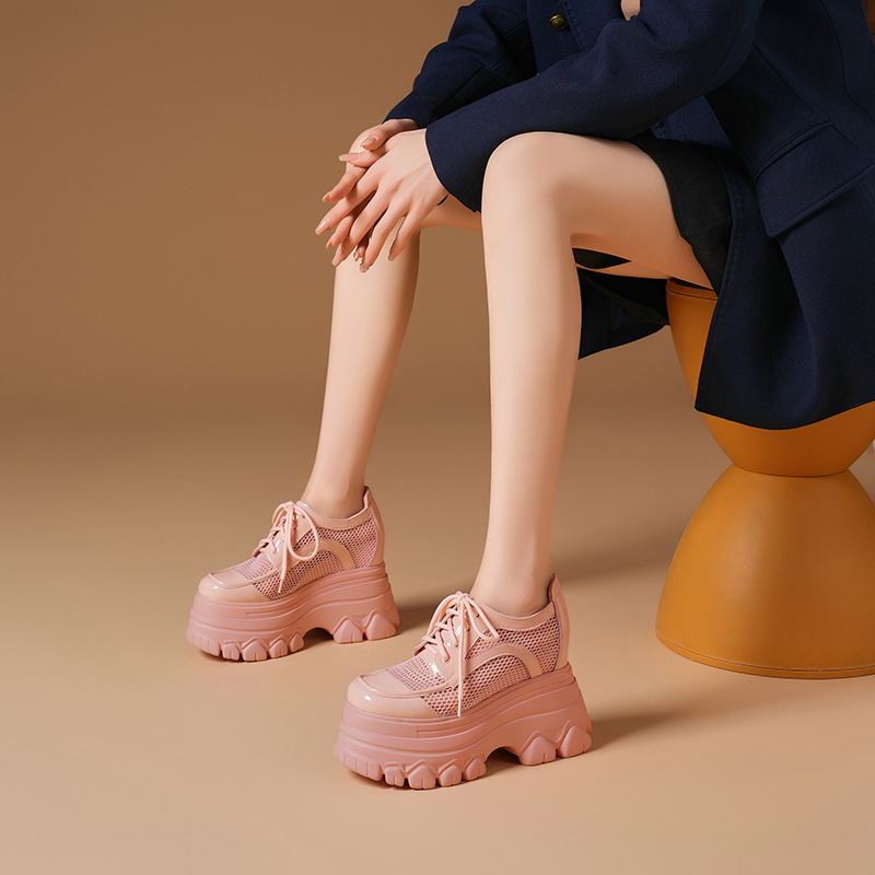 12cm Inner Height Mesh Cloth Women's Shoes Casual Breathable Pink Bright Leather High Heel Sports Thick Bottom Platform Shoes