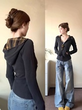 美式复古格子连帽毛衣外套女秋冬修身收腰短款针织开衫上衣