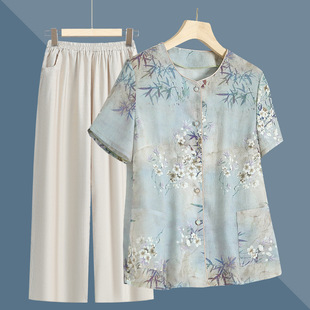 Middle-Aged and Elderly Shirts, Summer Ice Silk Tops, Grandma's Short-Sleeved Two-Piece Suits, Mom's Summer Thin Shirts