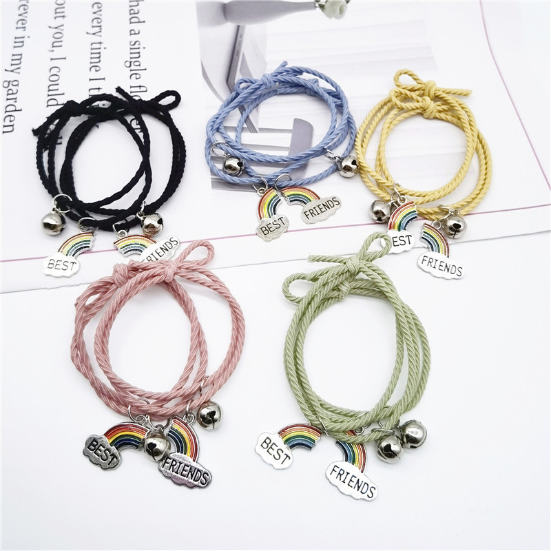 Best Friends Bell Bracelet Pair of Korean Style Simple Rainbow Cloud Stitching Friendship Headband Bracelet for Women