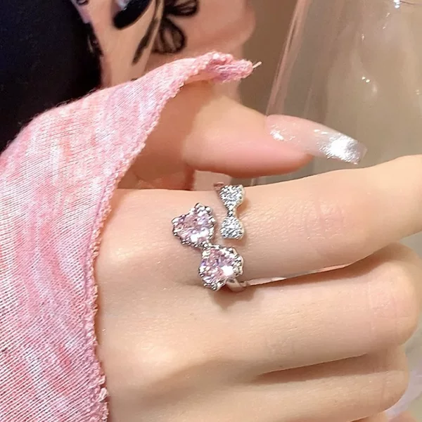 Sweetly Enchanting! Pink Diamond Bowknot Ring for Women, Light Luxury Style, Index Finger Ring, Niche Design, Fashionable Pair Ring