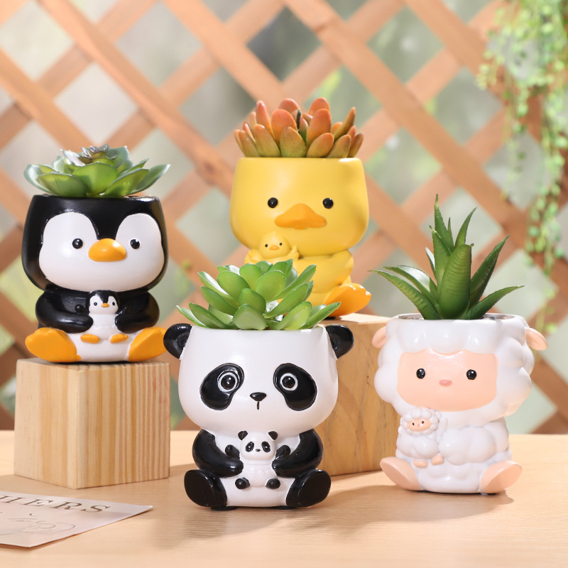 Chậu Cây Resin Chậu cây mọng nước hình động vật ôm nhau resin, chậu mini để bàn, đồ thủ công trang trí (RG-85)