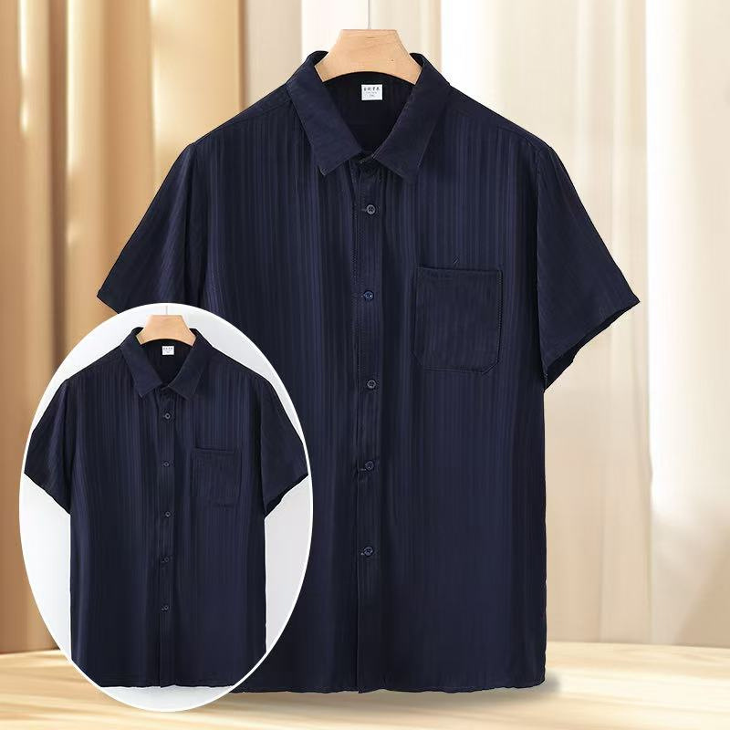 2026 Summer Thin Style Clear Vertical Texture Lapel Cotton Silk Shirt Men's Artificial Cotton Breathable Short-Sleeved Shirt