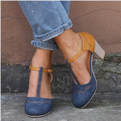 Wish亞馬遜2020春夏新款歐美復古圓頭拼色丁字搭扣外貿大碼女鞋子