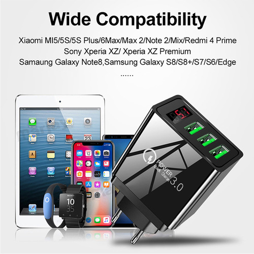 3USB digital display fast charging mobile phone charger 5V3A US, Europe and UK standard travel charger multi-function speed adapter charging head
