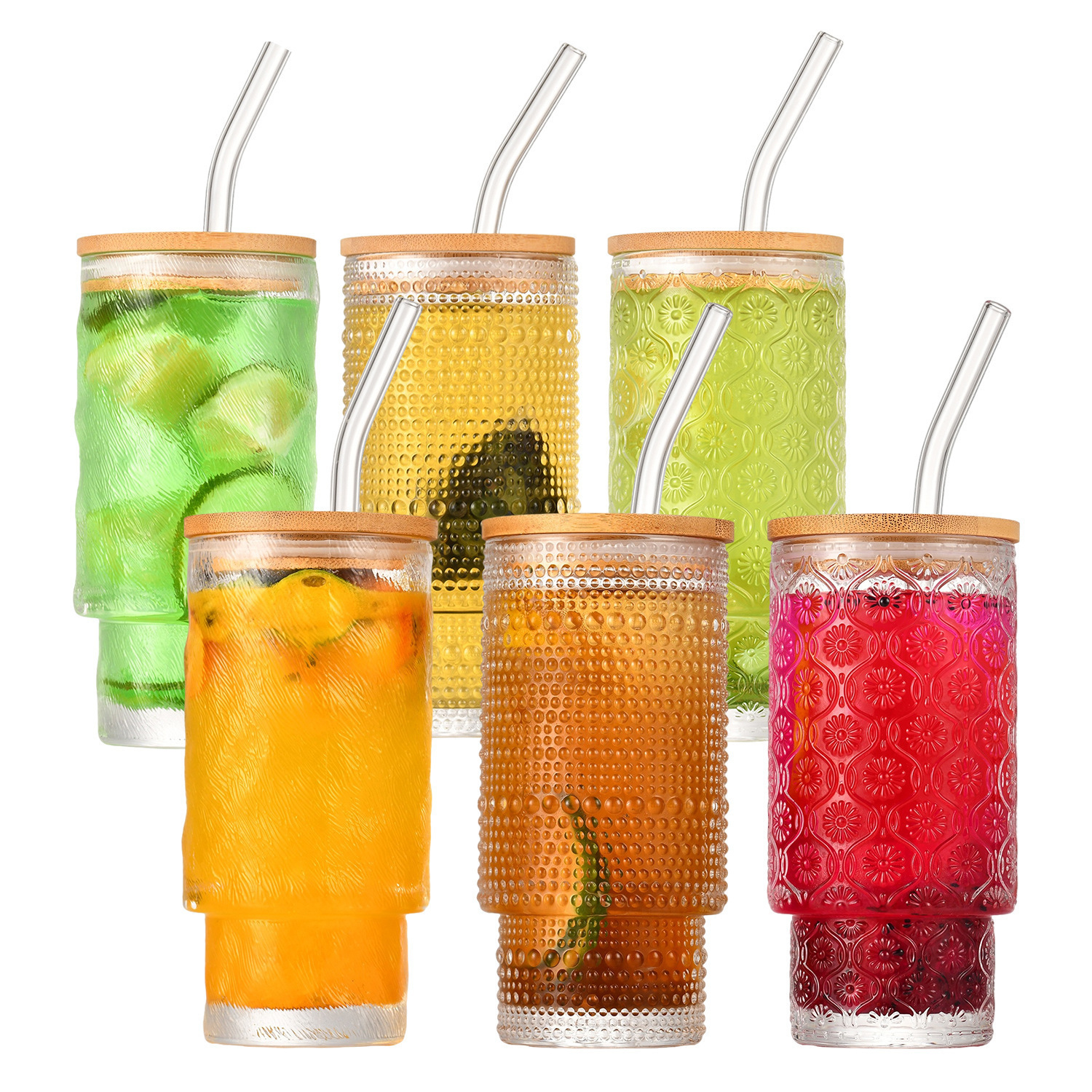 Mayorista 16oz verticales puntos de bambú tazas de copas con mangas de vidrio tazas de jugo de bebida