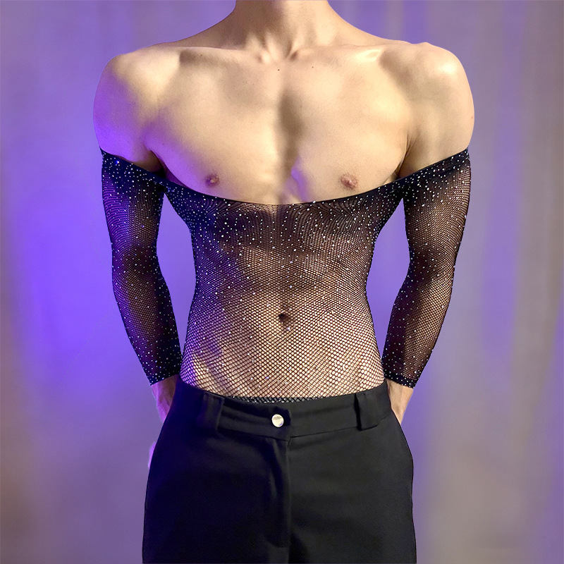 Lobe Sexy Lingerie, Passionate and Alluring Fishnet Clothing, Rhinestone-Embellished Plus-Size One-Piece Sexy See-Through Men's Outfit