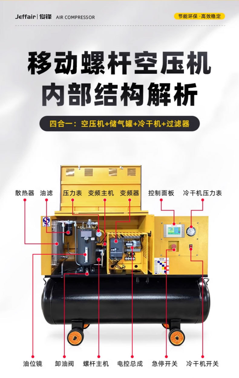 Junfeng Auto Repair Specialized Permanent Magnet Variable Frequency Screw Type Air Compressor 11Kw16Kg Integrated Energy-Saving Air Compressor