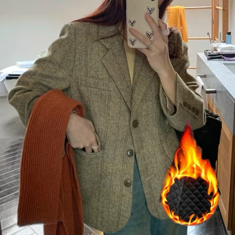 Contrast green woolen tweed blazer 2026 new women's autumn and winter Korean style thickened oversized high-end wool coat Contrast green woolen tweed blazer 2026 new women's autumn and winter Korean style thickened oversized high-end wool coat