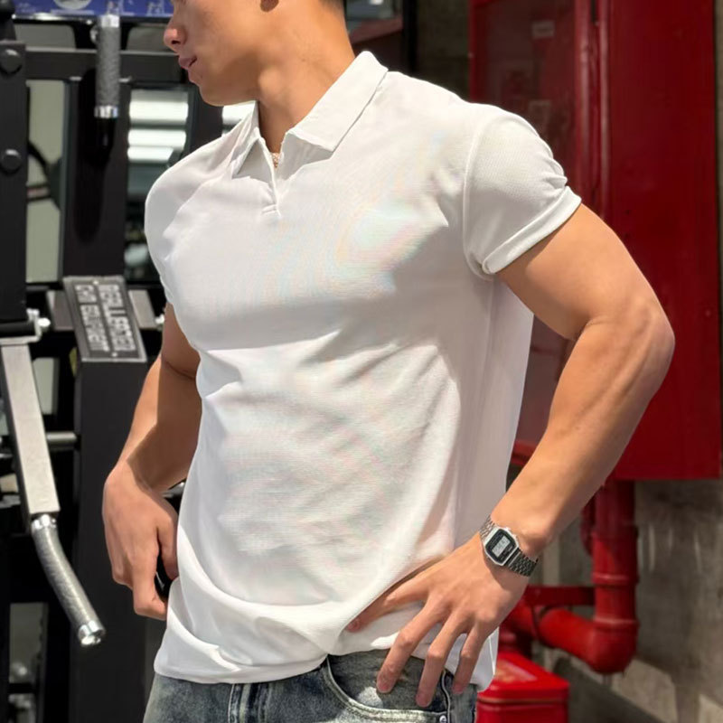 健身短袖男士夏季简约纯色中式POLO衫亨利领运动透气收袖口短袖潮|undefined