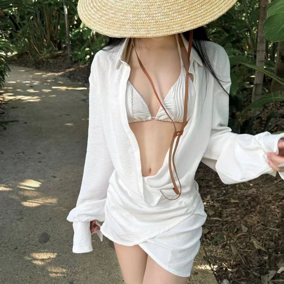小眾純白紋理比基尼性感三點式帶胸墊綁帶高級質感度假分體泳衣女
