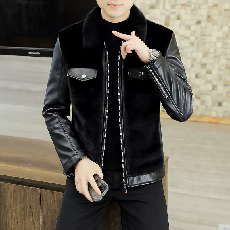 2023冬季翻领新款金貂绒夹克男皮毛一体男士加厚皮衣轻奢皮草外套