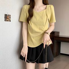 不規則なしわのデザイン感半袖tシャツ女性の夏の太ったmmの大きいサイズの肩はやせている洋風の上着の200斤の潮を現します。