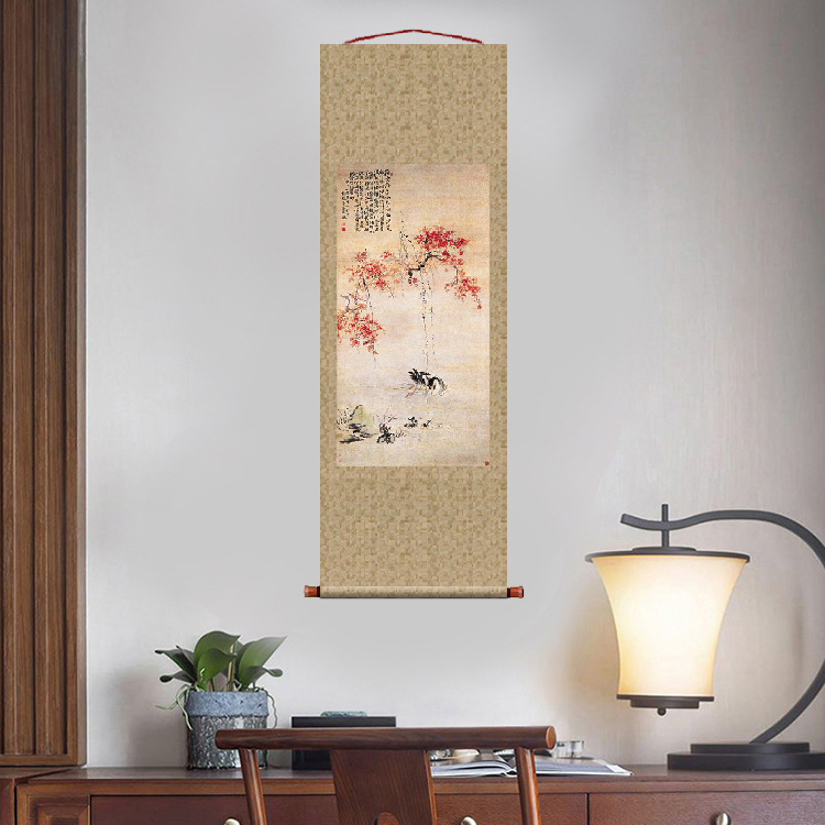 清华岩桃潭浴鸭图条幅卷轴花鸟画吉祥名画复制品中式玄关画