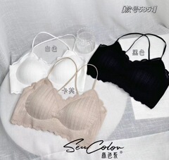 森色系5851法式性感V蕾絲美背bra固定杯薄杯聚攏後背交叉鏤空抹胸