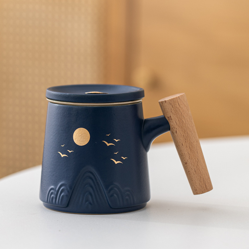 Guofeng Wenchuang marca taza de cerámica Zhoushan tres piezas juego de regalo de mano taza de calentamiento tallado comercial LOGO nombre