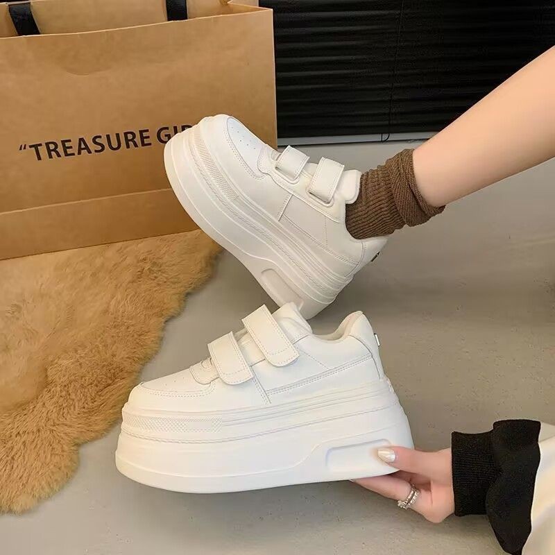 Kangcan Magic Tape Inner Height Increase 7cm Small White Shoes Soft Leather 2025 Autumn New Thick-Soled White Shoes Cross-Border