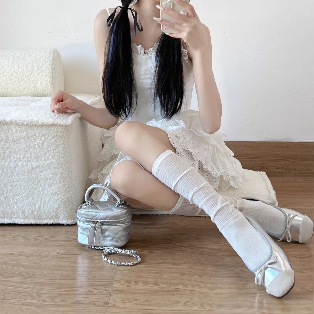 奶白色miu風堆堆襪女春夏季中筒襪子甜美薄款微透ins潮少女小腿襪