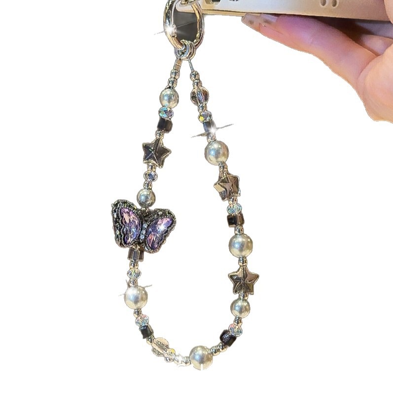 Estrellas de mariposa púrpura brilla cristal perla mariposa cadena de teléfono móvil de alto nivel sensación de cuerdas de muñeca bolsos colgante colgante de mano mujer