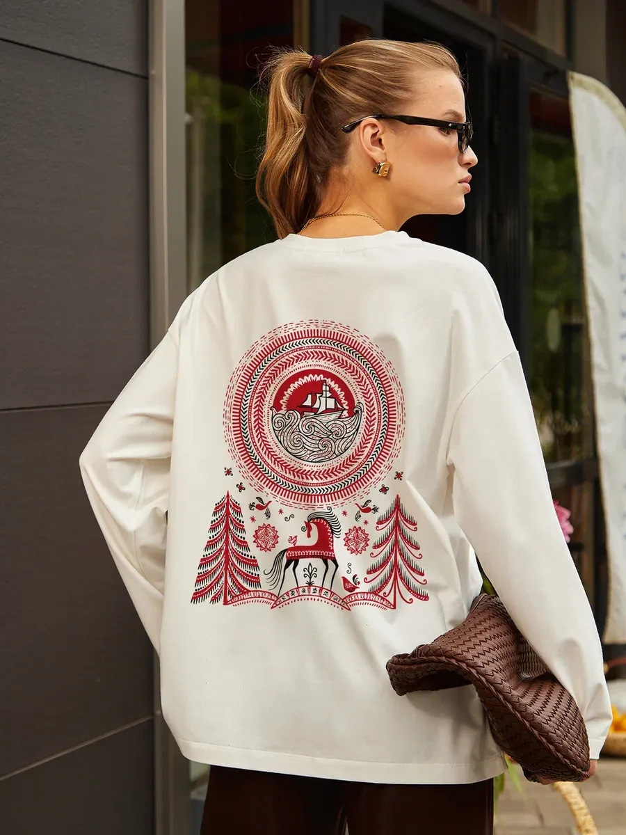 100% Cotton Long-Sleeved T-Shirt American Early Autum New Loose Stylish Interesting Age-Reducing Printed Loose Top for Women