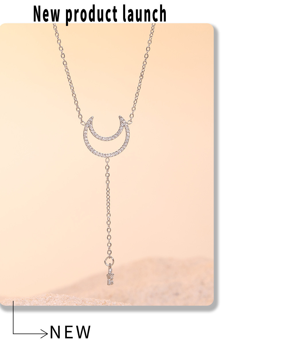 Square Sugar Starry Moon Set With Zircon Tassel Double Layered Clavicle Necklace, Feminine Style Bracelet, Titanium Steel Minimalist Set_voghion.com