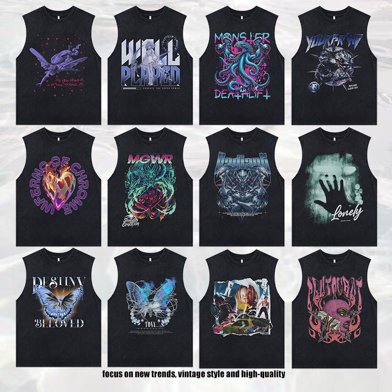 Tkpa European and American High Street Retro Washed Distressed Rock Sweat Back Couple Casual Direct Spray Printed Sleeveless T-Shirt for Men Tkpa European and American High Street Retro Washed Distressed Rock Sweat Back Couple Casual Direct Spray Printed Sleeveless T-Shirt for Men