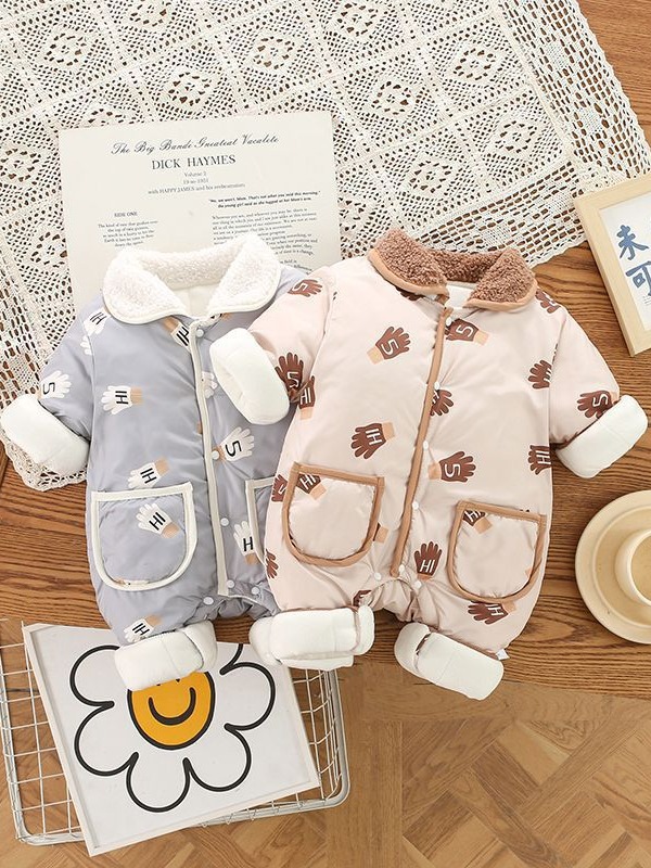 Bebé Invierno nueva ropa de algodón acolchado hombres y mujeres bebé forrado de lana acolchado mono engrosado guantes calientes impresos mameluco acolchado de algodón