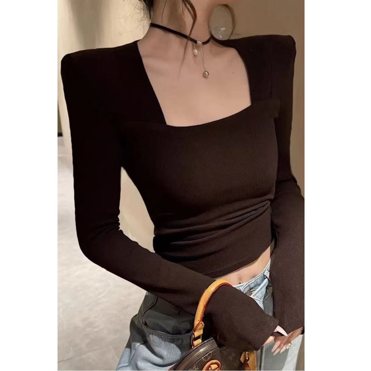 Fashionable and Elegant Autumn and Winter Solid Color European and American Style Square Neck Slim-Fit Inner T-Shirt Trendy Versatile Base Shirt