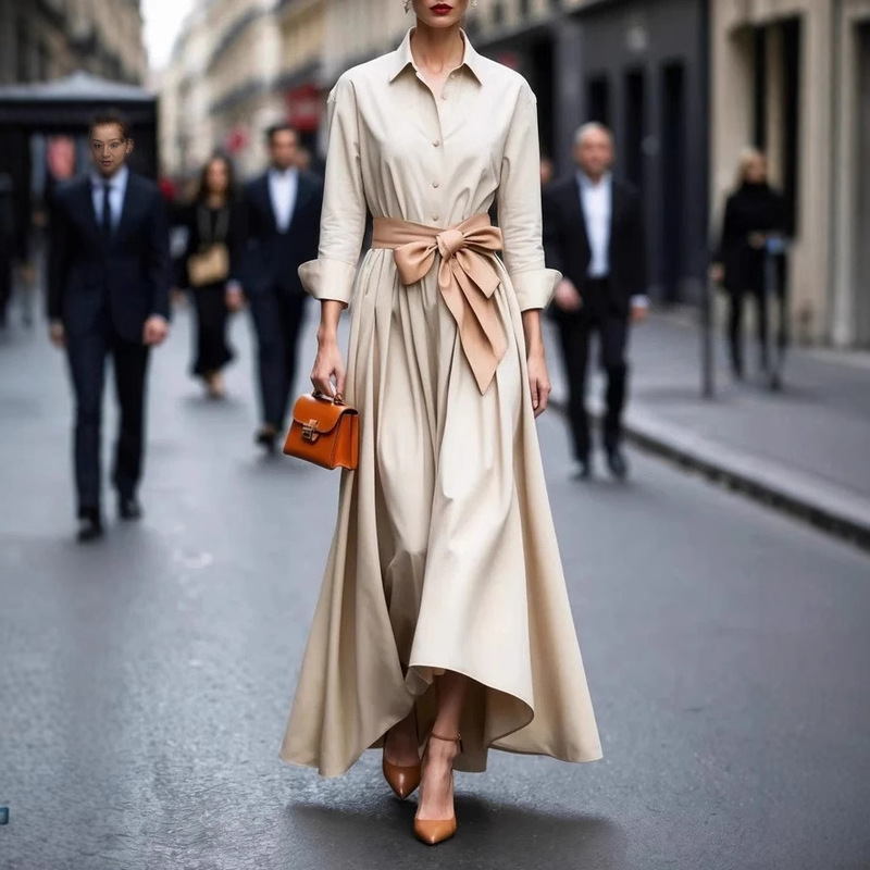 In Stock 2025 European and American Women's Clothing Amazon Long-Sleeved Shirt Collar Solid Color Long Skirt Dress Tie-Up Trench Coat Dress