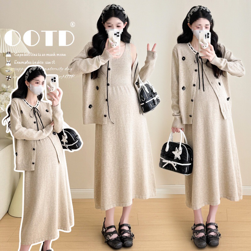 French-Style Sweater Cardigan Coat Maternity Dress Loose Two-Piece Knitted Vest Autumn and Winter New Trendy Mom Dress