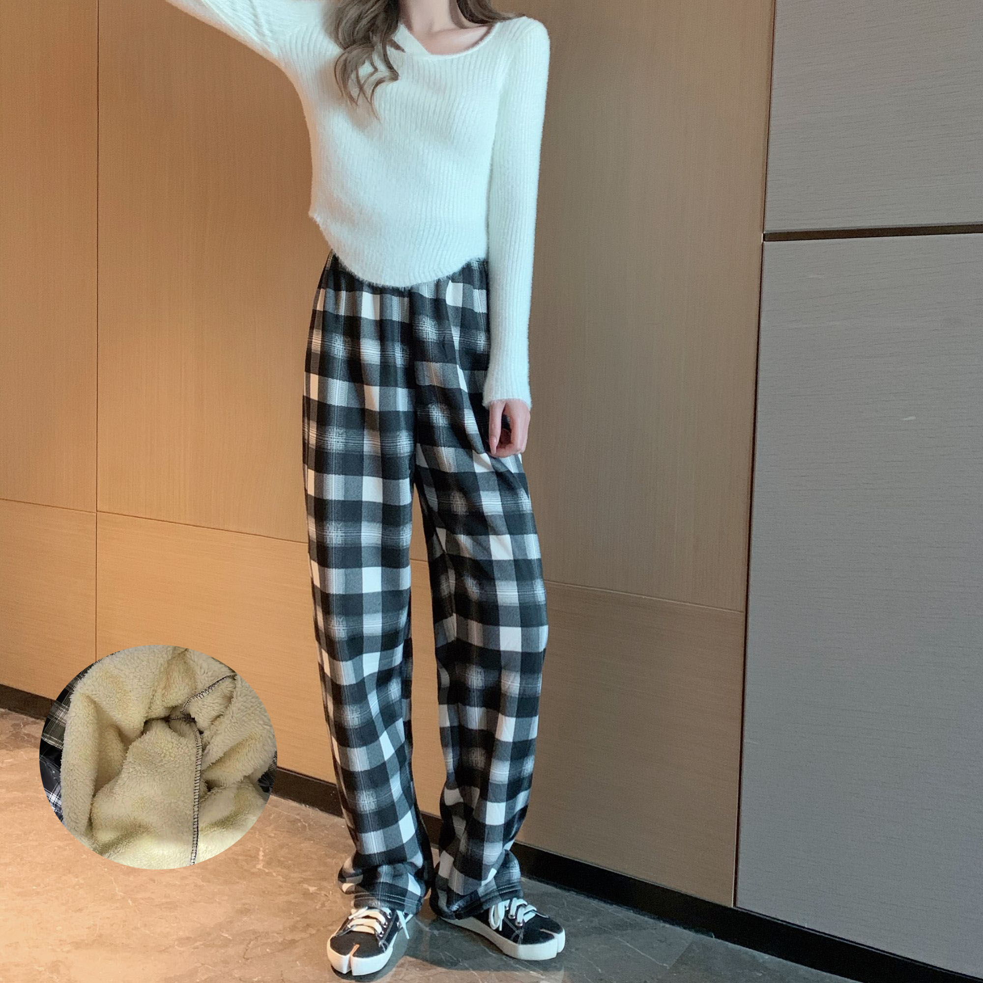 바지 겨울 기모 두꺼운 새로운 도착 양고기 벨벳 격자 바지 여성의 높은 허리 따뜻한 캐주얼 바지