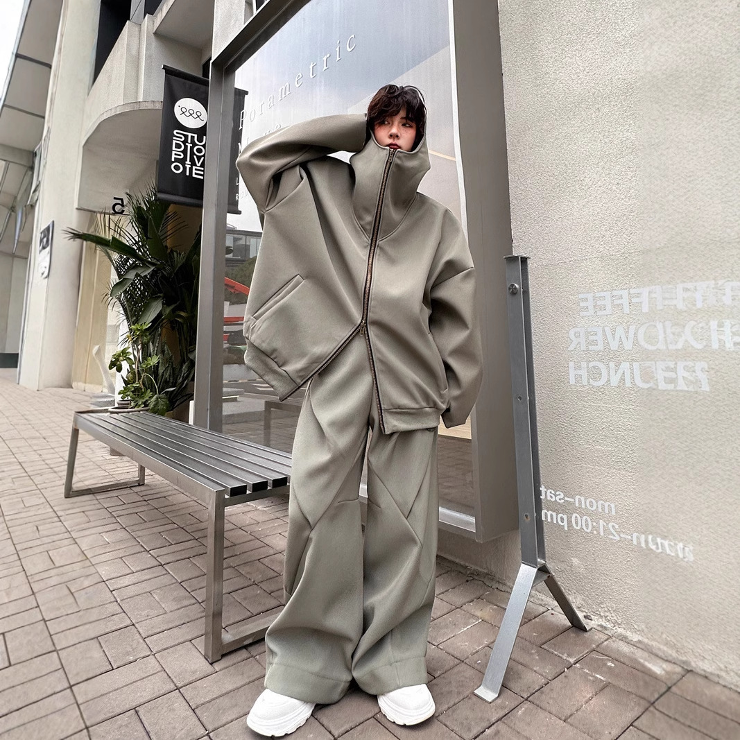 가을과 겨울 미국 후디 프로필 카디건 스웨터 남자 스티칭 스트레이트 와이드 레그 팬츠 캐주얼 스포츠 투피스 세트