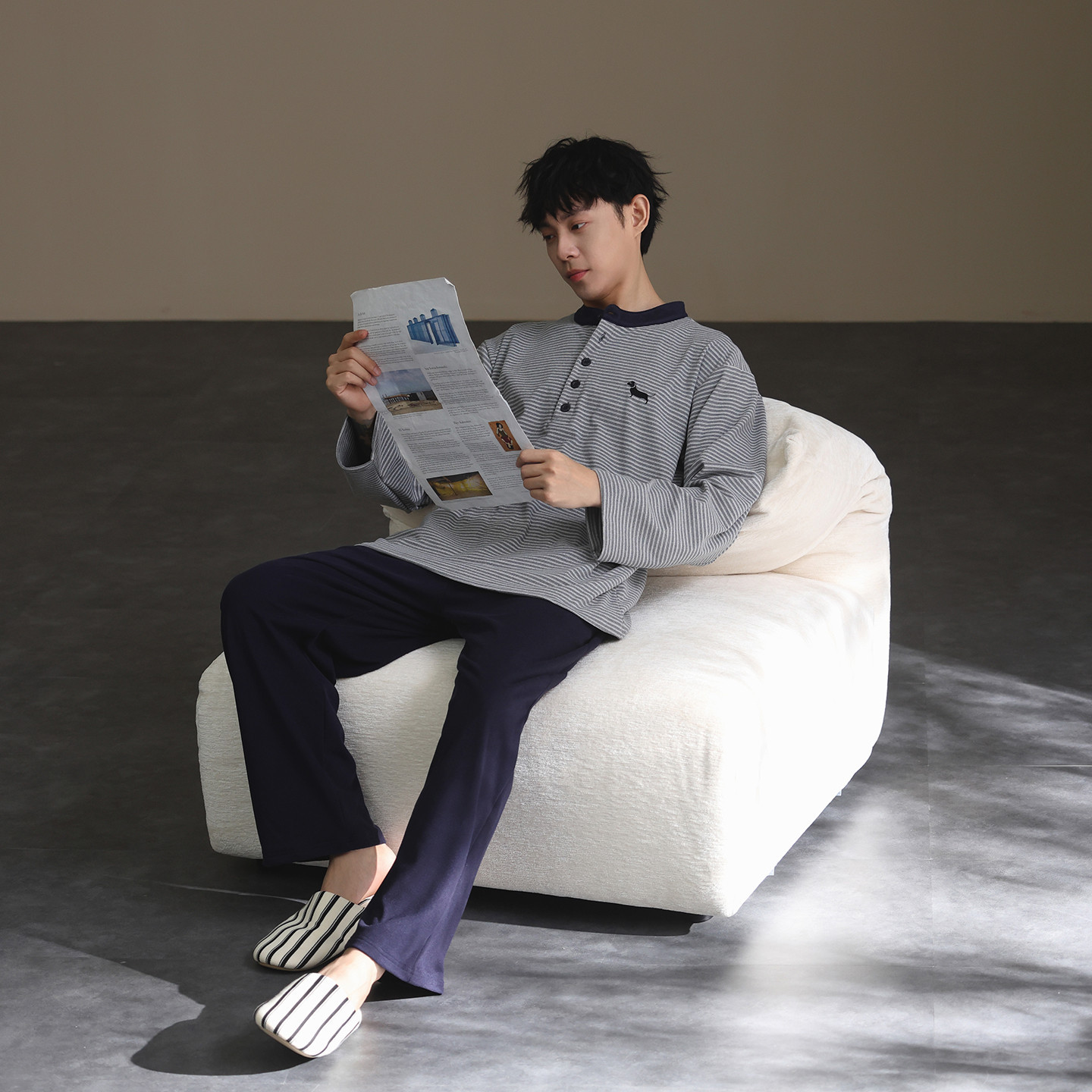 [Derong] Men's Pajamas Autumn and Winter Brushed Thickeneded Long-Sleeved Suit Simple Casual Stripesd Can Be Worn Outside Home Clothes