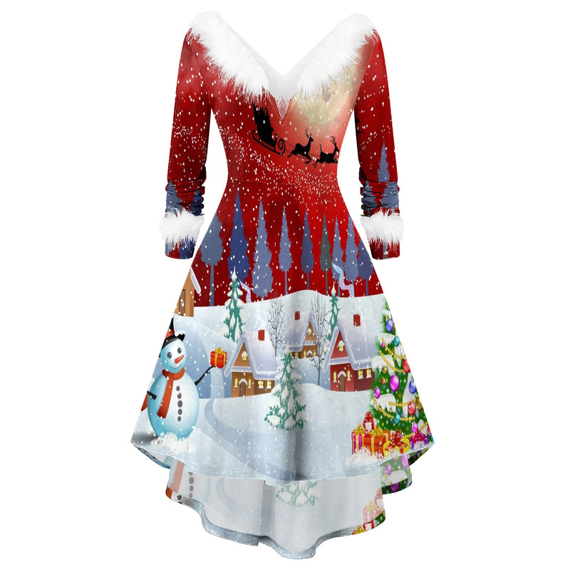 レディースクリスマス人造ぬいぐるみ長袖vネック不規則ドレスワンピース|undefined