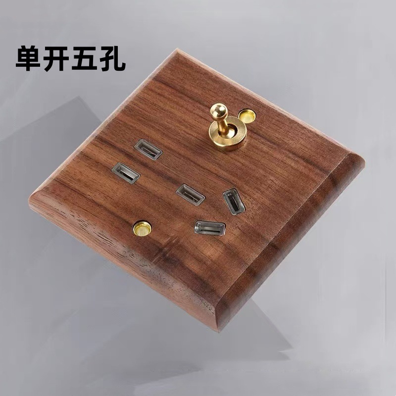 Patrón de madera sólida retro nuez latón dial panel de interruptor residencial chino 86 tipo cinco agujeros con interruptor de toma de corriente oculta