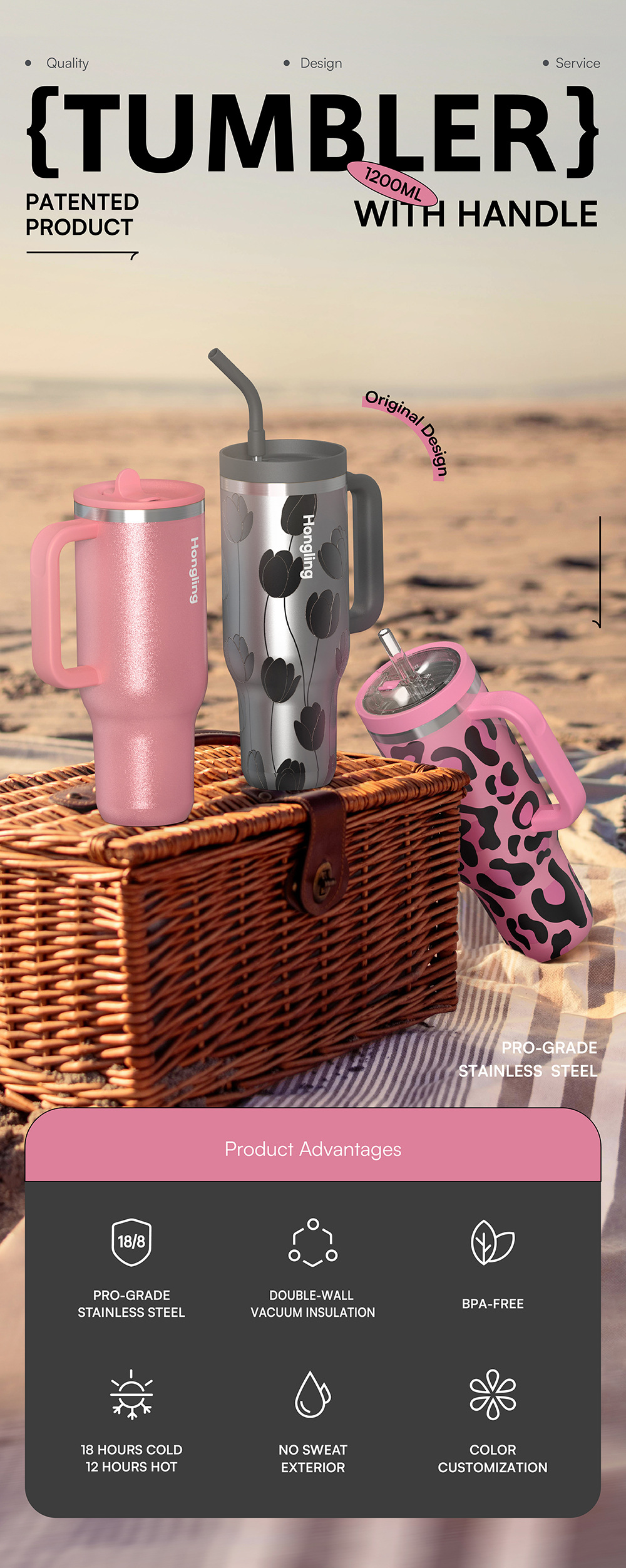 Large 40oz Insulated Stainless Steel Water Bottle With Push-lid_voghion.com