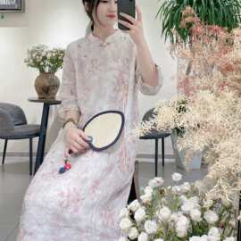 立领数码印花苎麻改良旗袍裙女宽松七分袖苎麻连衣裙长款茶服袍子