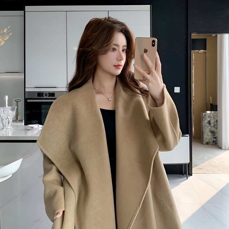 Korean Style Lazy Gray Double-Sided Wool Coat for Women in Autumn and Winter, High-End, Loose and Elegant, Long Lapel Cape Woolen Coat