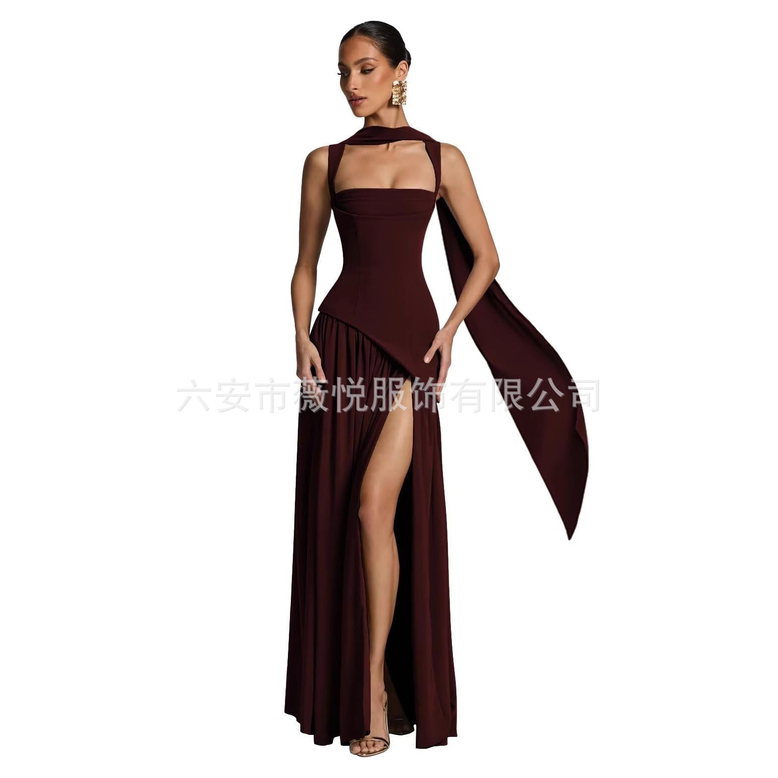 European and American Foreign Trade Evening Dress Design Banquet Suspender Dress Slimming Look Slim Slit Sexy Dress Simple Style