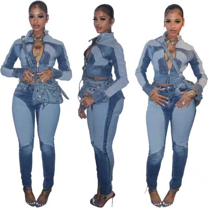 Ny8196 Amazon European and American Fashion Sexy High-Elastic Stitching Contrasting Washed Denim Casual Suit Two-Piece Set Ny8196 Amazon European and American Fashion Sexy High-Elastic Stitching Contrasting Washed Denim Casual Suit Two-Piece Set