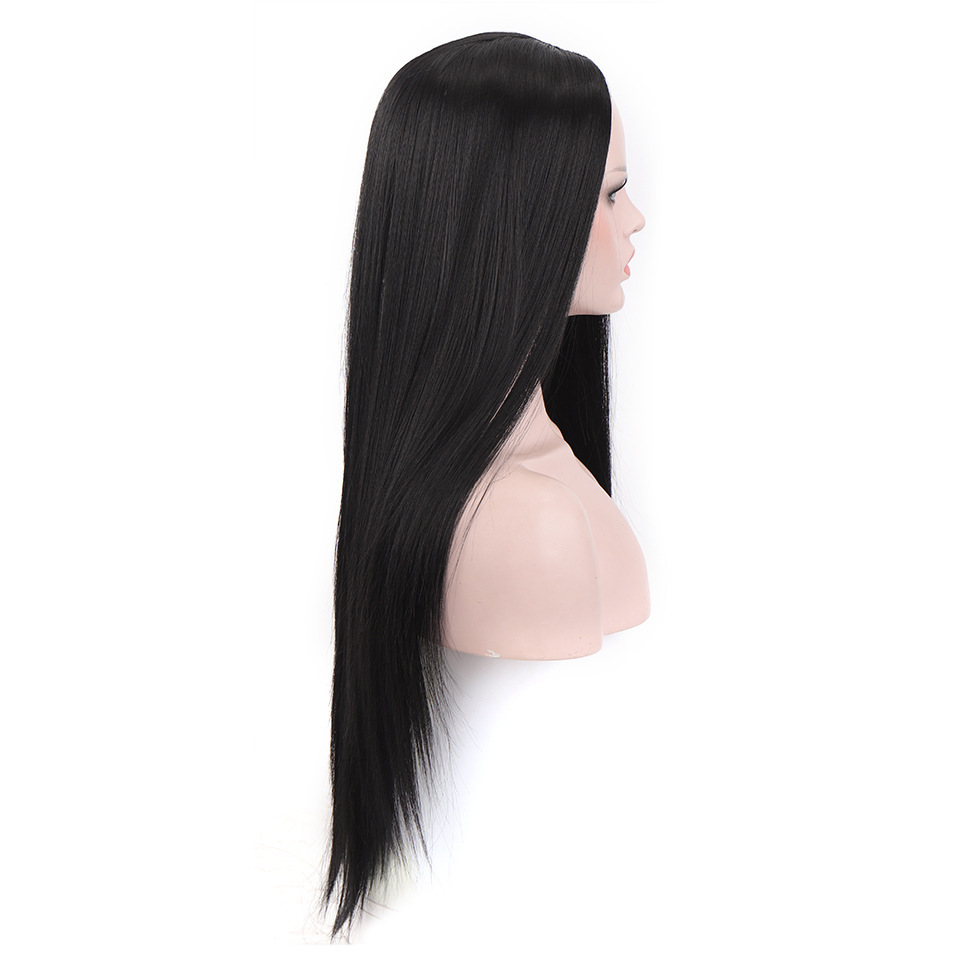Perucas transfronterizas europeas y americanas damas frente encaje fibra química cubierta de cabello negro en el centro de los fabricantes de cabello recto en stock al por mayor