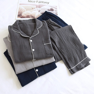 Factory direct supply cotton men's pajamas set loose spring and autumn double gauze large size cotton crepe long sleeve wholesale